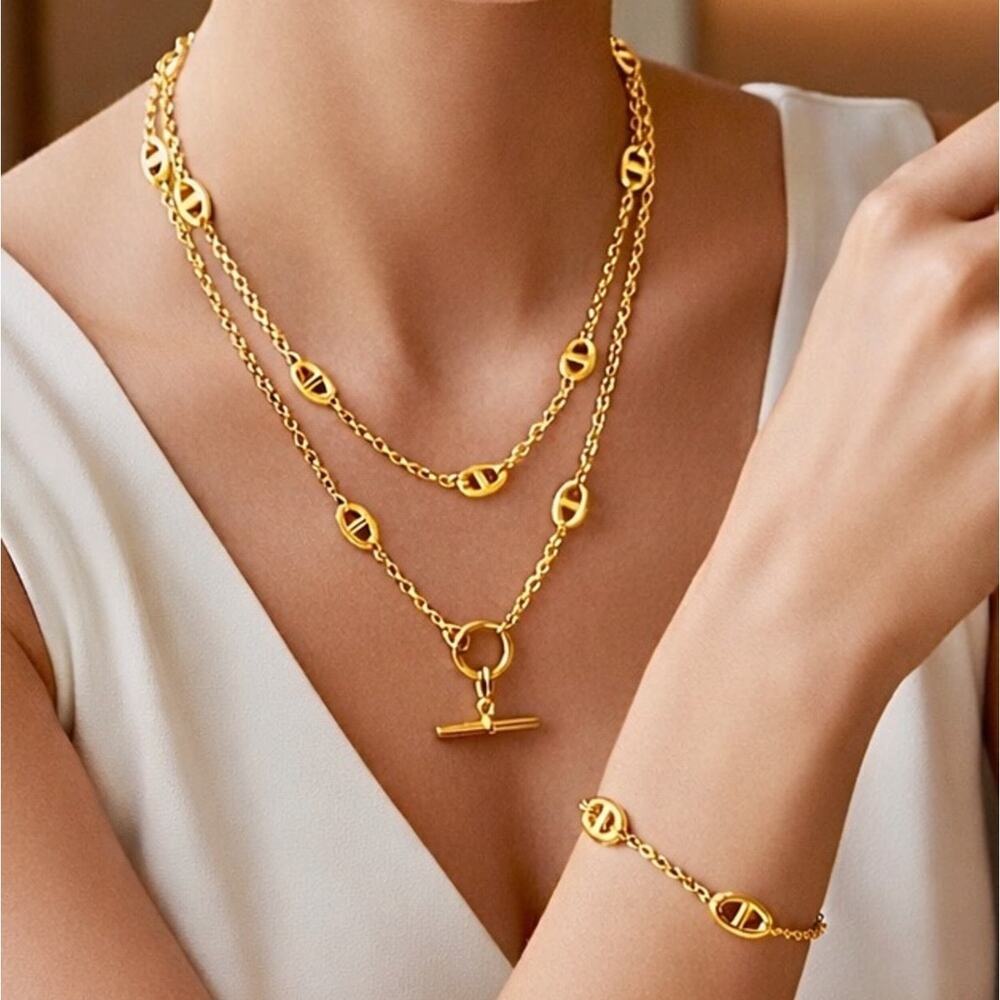 Gold PigNose Multilayer Necklace Bracelet Set Stainless Steel Plated Mariner